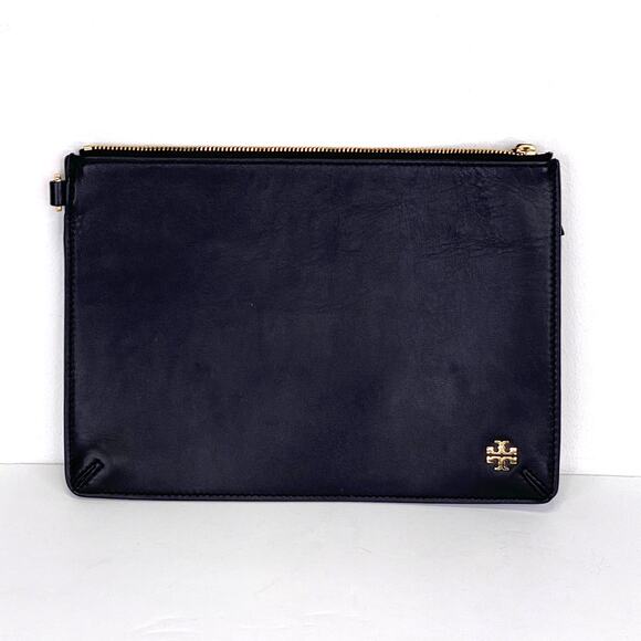 Tory Burch Black Leather Zip Pouchette Flat Makeup Essentials Designer Pouch - Picture 1 of 5